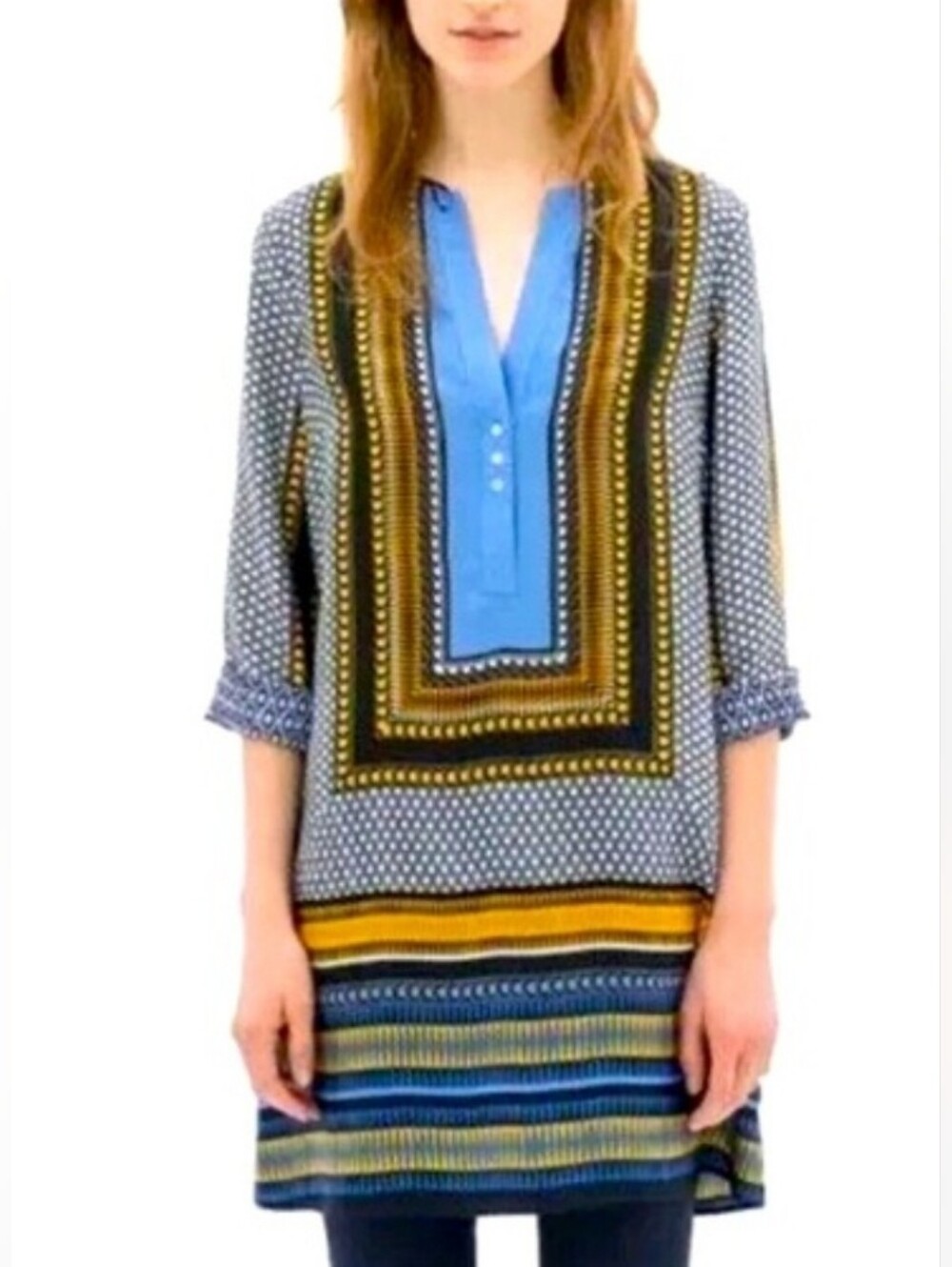 Grace Elements Blue and Mustard Patterned V-Neck Tunic Dress Sz Med